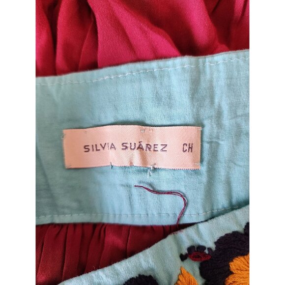 Silvia Suarez blue yellow embroidered floral burgundy red maxi babydoll dress S - Picture 4 of 4